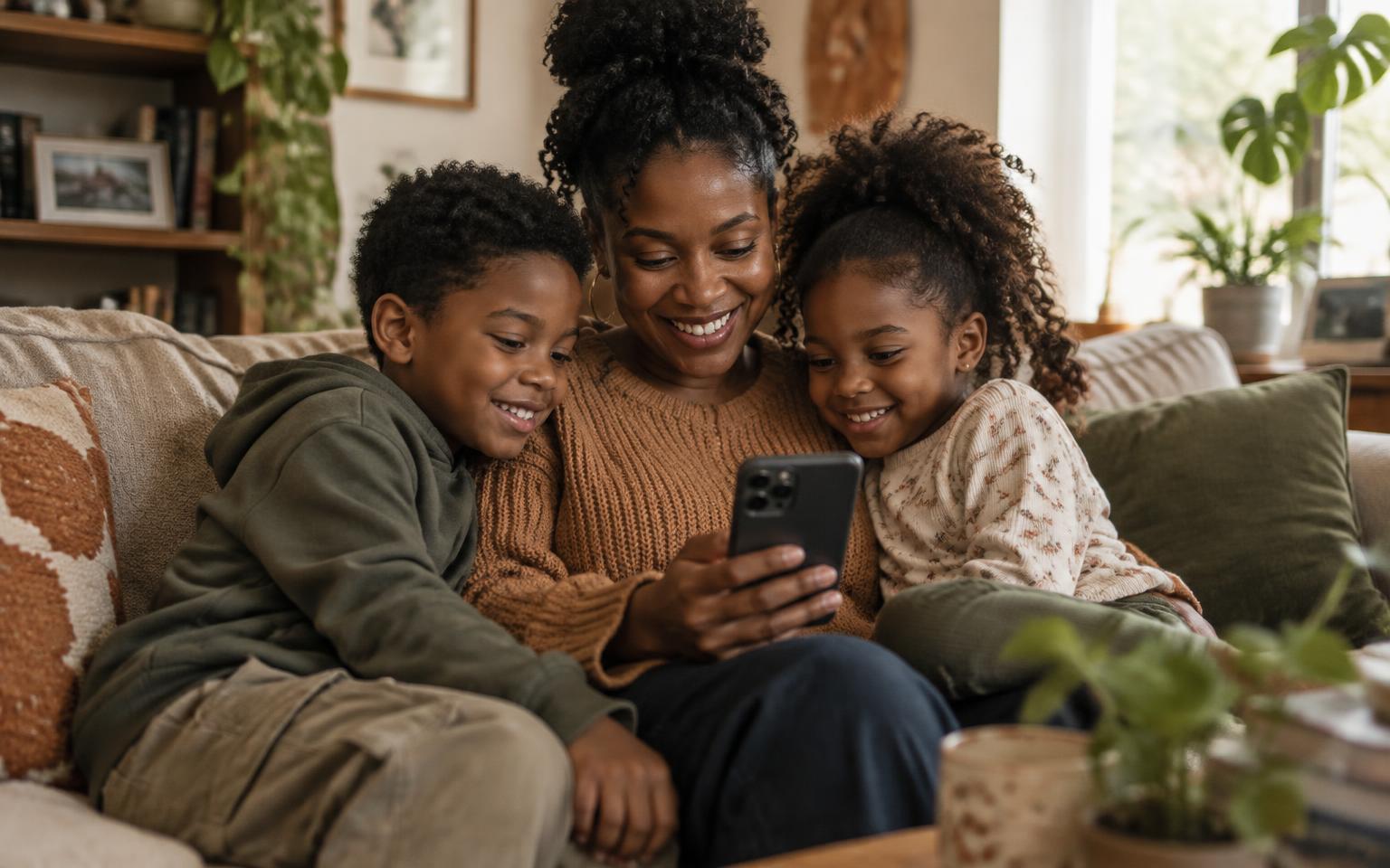A mom and her two kids smiling at a phone on the couch