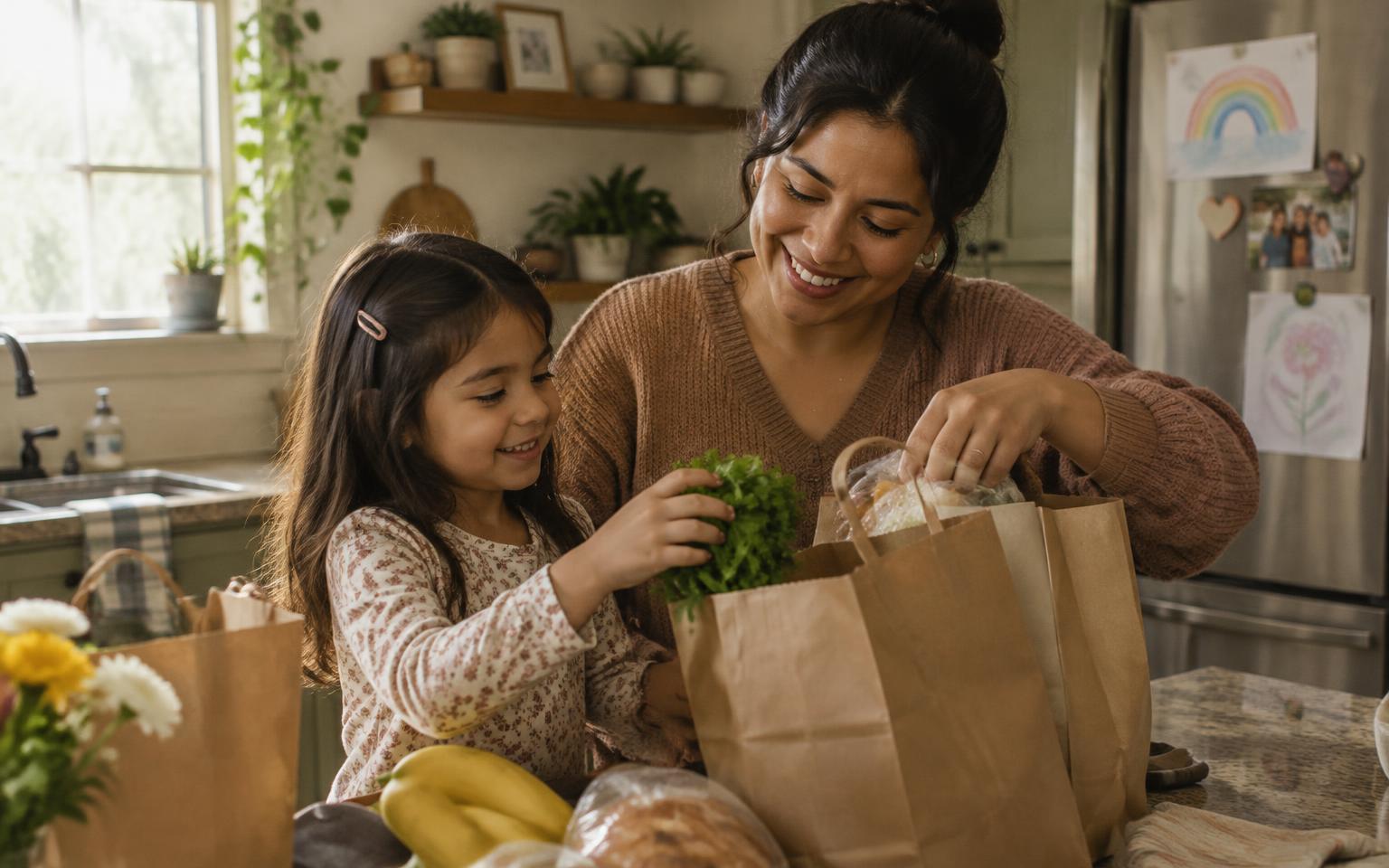 A mom and her daughter unpacking grocery bags in the kitchen