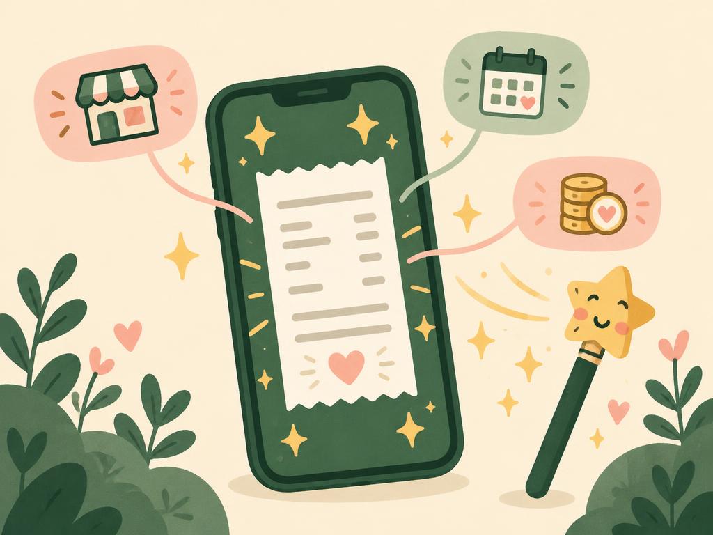 Cartoon phone reading a receipt with sparkles