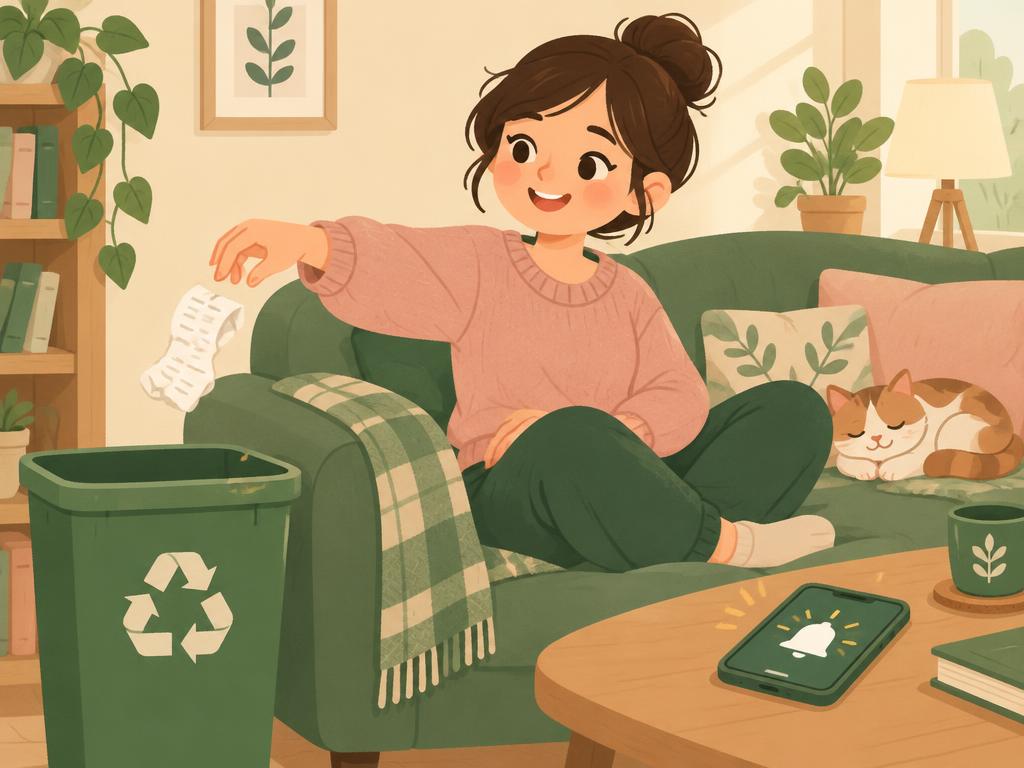 Cartoon mom tossing a receipt into a recycling bin