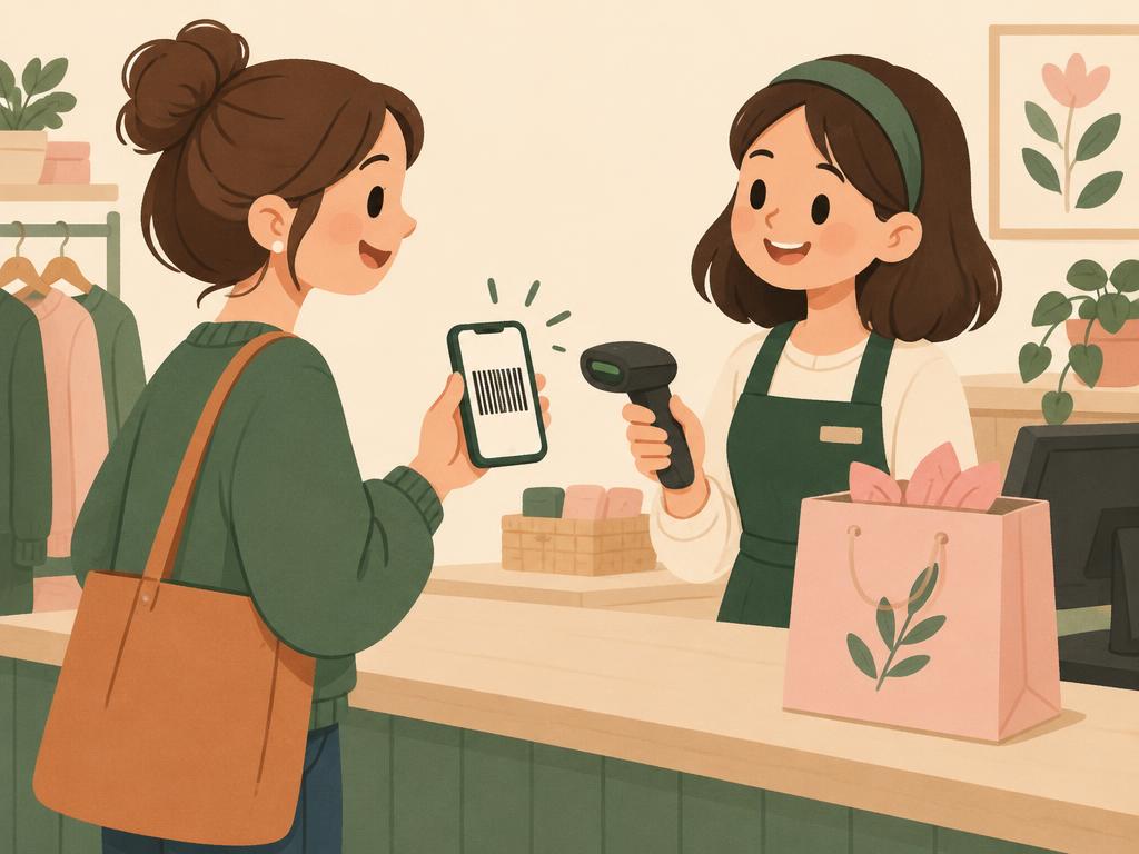 Cartoon mom showing a barcode on her phone to a cashier
